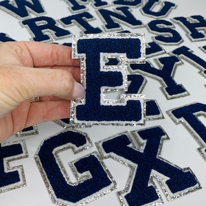 NEW Navy Blue 3.12&quot; Chenille Letters, SILVER Glitter, Varsity Letter Iron on Patch, Diy Monogram