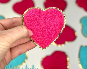 Hot Pink Chenille Heart Patch with Gold Glitter (3 inch)