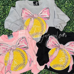 Softball with Bow Sequin Patch, diy patch, iron on patch, Softball