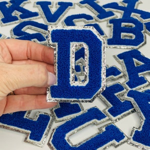 NEW Royal Blue 3.12&quot; Chenille Letters, SILVER Glitter, Varsity Letter Iron on Patch, Diy Monogram