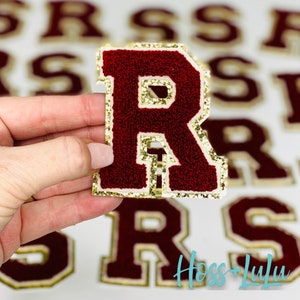 NEW Crimson 3.12&quot; Chenille Letters, GOLD Glitter, Varsity Letter Iron on Patch, Diy Monogram