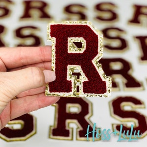 NEW Crimson 3.12" Chenille Letters, GOLD Glitter, Varsity Letter Iron on Patch, Diy Monogram