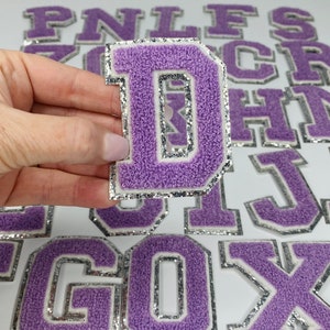 NEW Lavender 3.12&quot; Chenille Letters, SILVER Glitter, Varsity Letter Iron on Patch, Diy Monogram