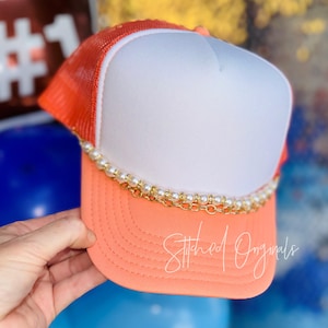 Pearl and Gold Plated Double Hat Chain, Trucker Hat Chain, Rhinestone, Pearl
