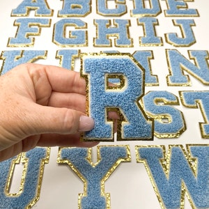 SKY BLUE 3.12" Chenille Letters, Gold Glitter, Varsity Letter Iron on Patch, DIY Monogram