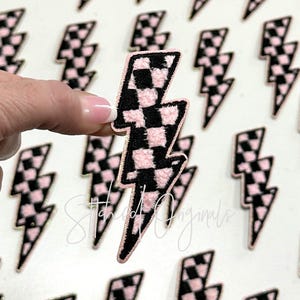 Pink Checkerboard Lightning Bolt Patch, Trucker Cap Patch, Iron On, DIY patch, Pink and Black Lightning Bolt with Pink Glitter Patch