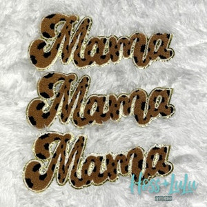 Mama Leopard chenille patch, Mama patch with gold glitter, iron on, chenille MAMA cursive patch