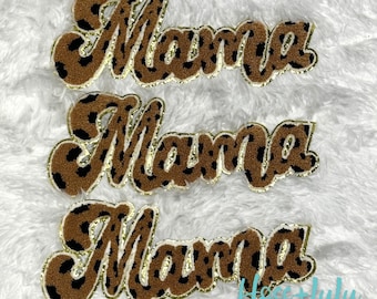 Mama Leopard chenille patch, Mama patch with gold glitter, iron on, chenille MAMA cursive patch