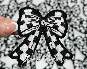 Checkered Black and White Bow Embroidered Patch, Iron On