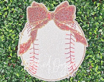 Baseball with Red Bow Sequin Patch, diy patch, iron on patch, Baseball