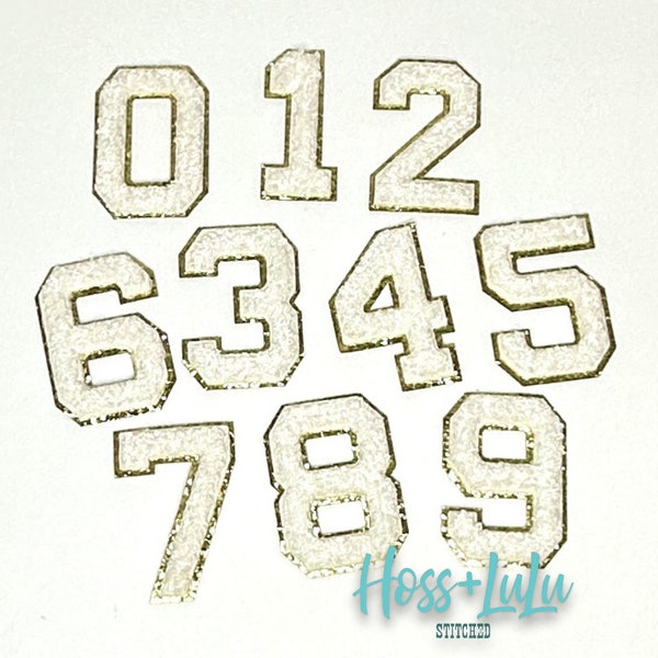 White Chenille Numbers, 2.5" Chenille Numbers with Gold Glitter, Iron on, DIY Chenille Numbers