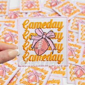 Pink Bow Football Game Day Patch, Iron On Applique (3.5" Square)