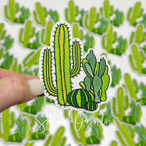 May include: A green embroidered cactus patch with a smaller cactus and a round cactus with stripes. The patch is on a white background.