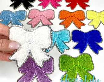 Chenille Bow Iron on Patch SILVER Glitter, DIY Patch, Bow Patch