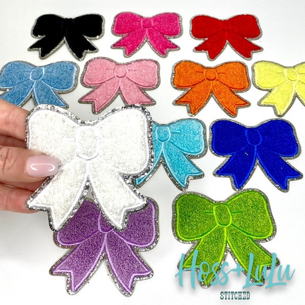 Chenille Bow Iron on Patch SILVER Glitter, DIY Patch, Bow Patch