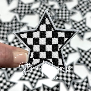May include: A black and white checkered star-shaped patch with a white border. The patch is held up in front of a background of similar patches. The text "Stitched Originals" is written in cursive on the image.