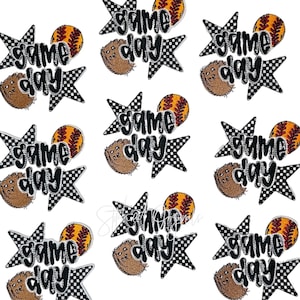May include: A repeating pattern of baseball-themed designs. Each design features the words "Game Day" in a script font, a baseball, and a baseball glove. The designs are set against a black and white checkered starburst.