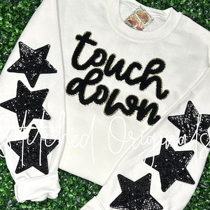Touch Down BLACK Game Day Chenille Patch, DIY patch, iron on patch, GOLD glitter backing