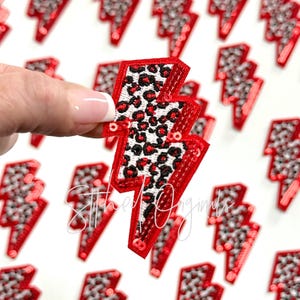 Red Cheetah Lightning Bolt Patch, Lightning Bolt Patch with Sequins, diy patch, Trucker Hat Patch, iron on patch