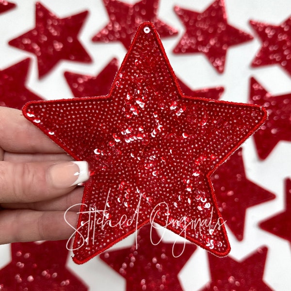 Red 5" Sequin Star Patch, Iron on Patch, DIY Patch, Sequin Star