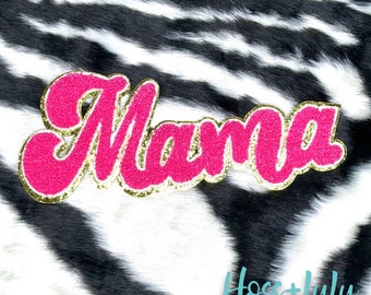 Mama Hot Pink chenille patch, Mama patch with gold glitter, iron on, chenille MAMA cursive patch