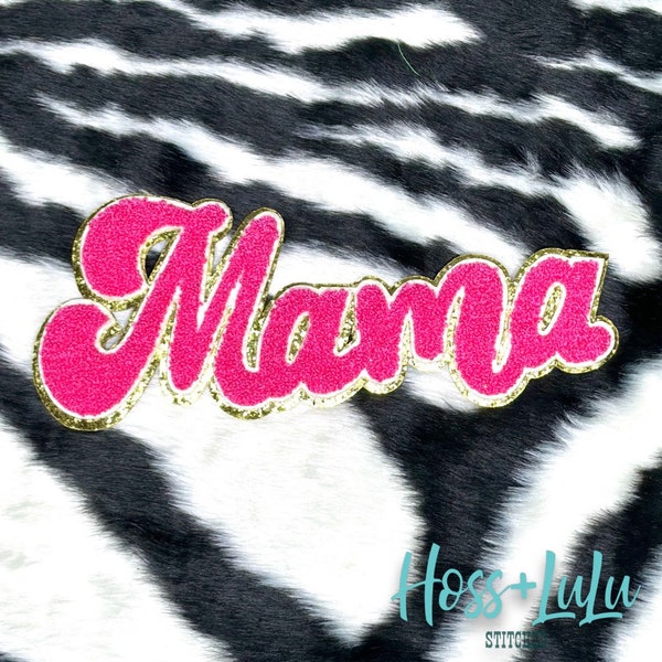 Mama Hot Pink chenille patch, Mama patch with gold glitter, iron on, chenille MAMA cursive patch
