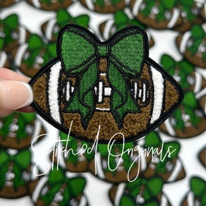 Green Bow Football Chenille Patch, Game Day Applique (3")