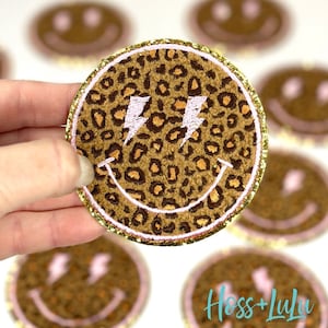 Leopard Chenille Smiley Face Patch, Pink and Gold Glitter (3.12")