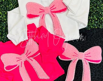 Large Pink Chenille Bow Patch with Silver Sequins, Iron On