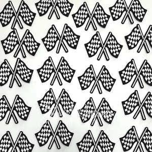 May include: A collection of black and white checkered racing flags. The flags are crossed and have a white background with black checkered squares.