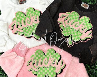 Checkered Shamrock Chenille Patch, Pink Lucky Iron On Applique (10"x9.5")