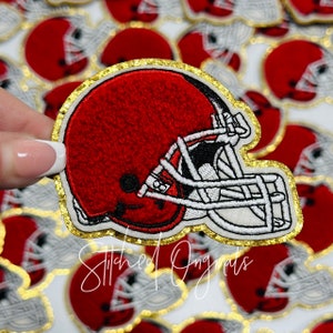 Red Chenille Football Helmet Patch, Gold Glitter Accent (3.12")
