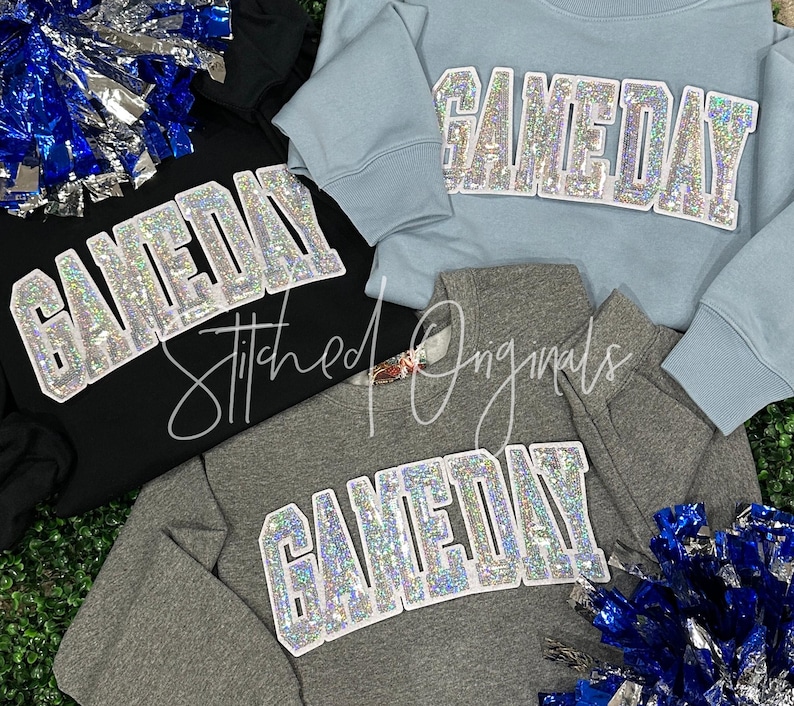 Gameday Silver Sequin Iron On Patch, White Felt Backing image 1