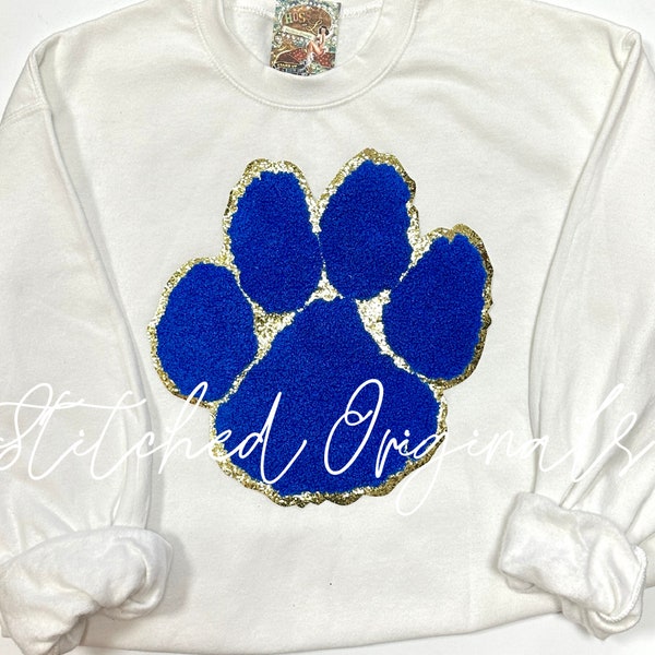 Chenille Large ROYAL BLUE Paw patch, GOLD Glitter, Iron on, Diy Patch, Game Day