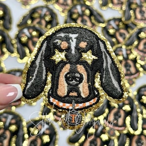 May include: A black and tan glitter iron-on patch of a Bloodhound dog with gold glitter stars over its eyes. The dog is wearing an orange and white striped collar with a gold glitter letter "T" charm.