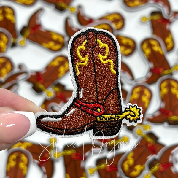 Brown Cowboy Boot with Spur Patch, Trucker Cap Patch, Iron On, DIY patch, Brown Cowboy Boot Patch