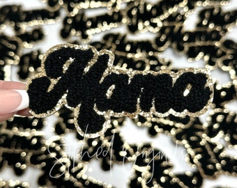 MAMA NEW 4" chenille patch, black Mama patch with gold glitter, iron on, chenille Cursive Mama patch