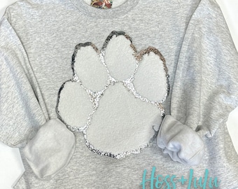 Chenille Large WHITE Paw patch, Silver Glitter, Iron on, Diy Patch, Game Day