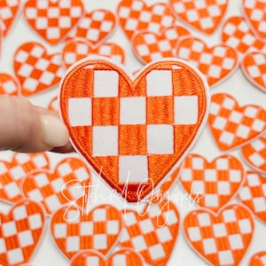 Orange and White Checkered Heart Patch, Heart Patch, diy patch, Trucker Hat Patch, iron on patch