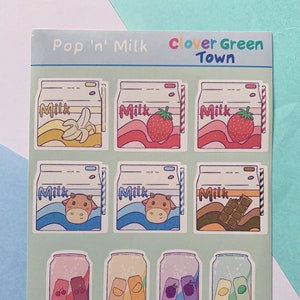 Pop 'n' Milk - Folha de adesivos kawaii A5, adesivos fofos, adesivos divertidos