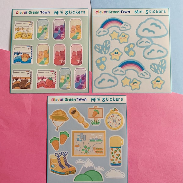 Mini square sticker sheets - Rainbow and Stars, Pop 'n' Milk, Onward to Adventure - kawaii sticker sheets, planner stickers, cute stickers