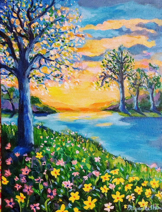 Acrylic Canvas Board Panting, Sunset Scenery Canvas Painting Sale