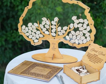 Rustikales Baum-Gästebuch mit Holzblättern, personalisiertes Hochzeits-Gedächtniszeichen, individuell graviertes Familienbaum-Andenken