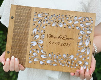 Personalisiertes Hochzeitsgästebuch aus Holz mit benutzerdefinierten Namen und Datum, handgefertigtes rustikales Gästebuch für elegante und traditionelle Zeremonien