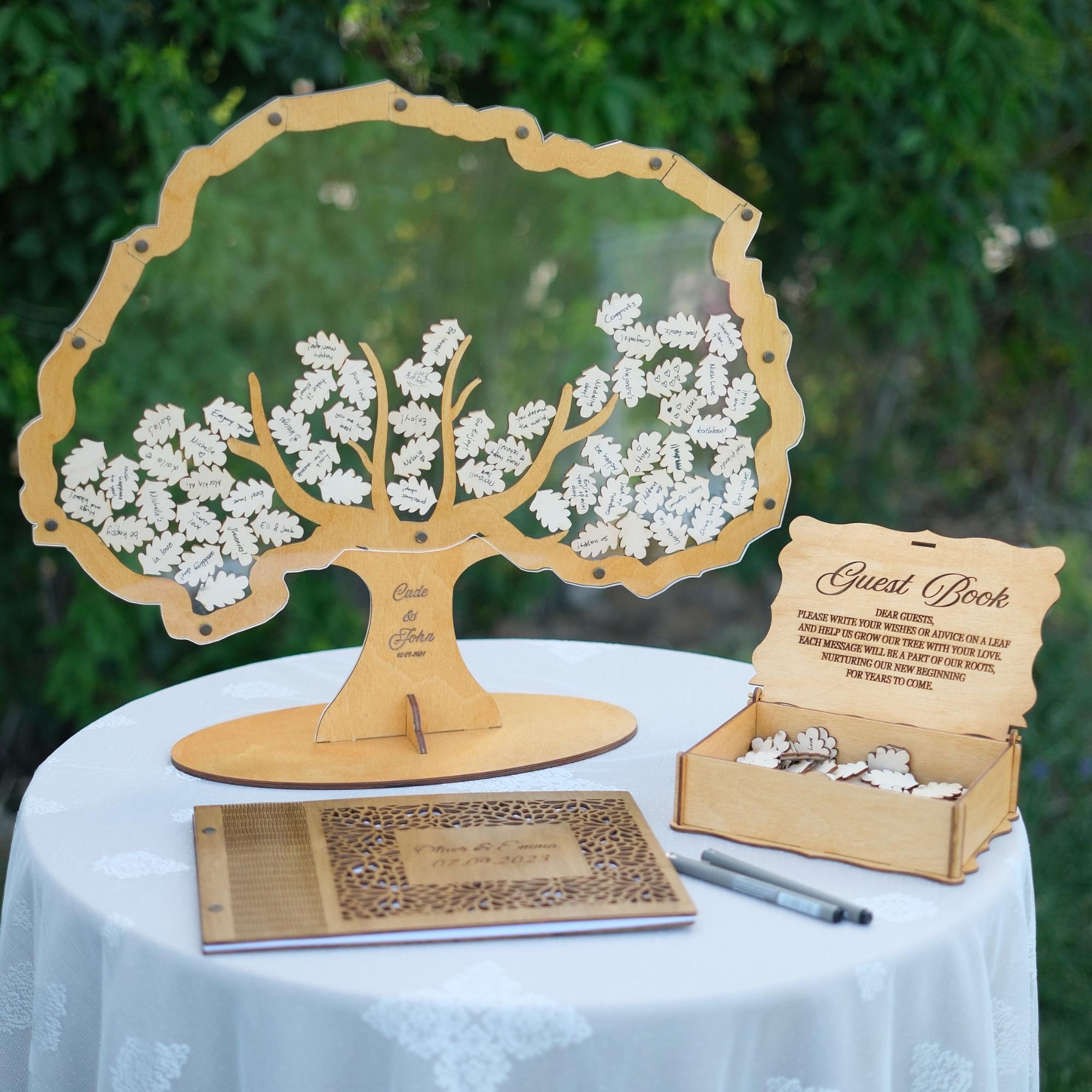 Personalisierter hölzerner Hochzeitsgästebuchbaum mit Blatttoken, rustikale Drop Box Alternatives Hochzeitsschild, benutzerdefinierter Stammbaum rustikale Hochzeit