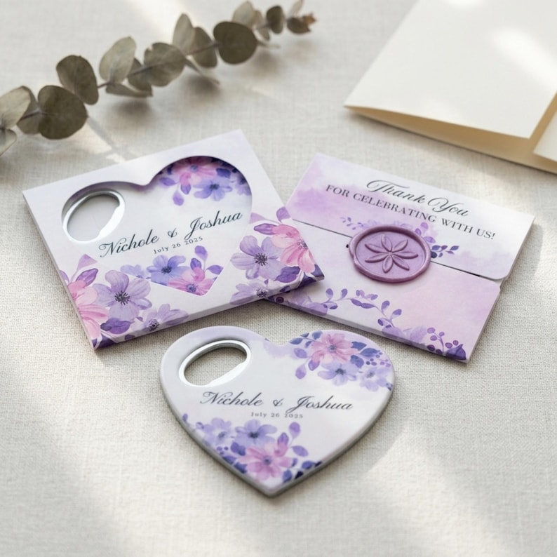 Purple-themed wedding reception supplies - purple bottle opener fridge magnet wedding favor