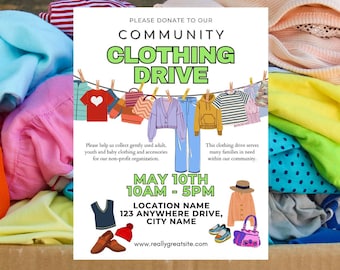 Community CLOTHING DRIVE FLYER Digital Download Template, Edit in Canva, 8.5 X 11 Inches,