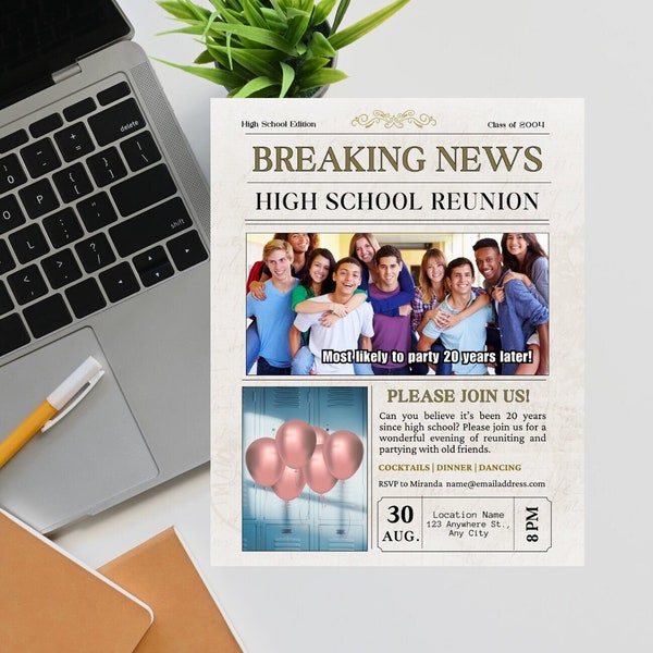 Newspaper Style High School Reunion Digital Download Invitation Template