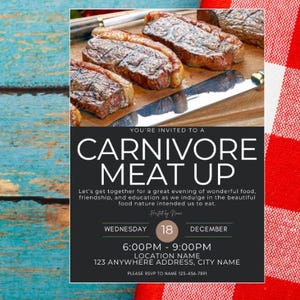 以下が含まれることがあります： 12月18日（水）午後6時から午後9時まで開催されるカーニボアミートアップへの招待状です。招待状には、木製のまな板の上に置かれたグリルステーキの写真が掲載されています。テキストには、「カーニボアミートアップへようこそ。おいしい料理、友情、そして教育に満ちた素晴らしい夜を一緒に過ごしましょう。自然が私たちに与えてくれた美味しいものを味わいましょう。主催：Name。水曜日、18日、12月。午後6時 - 午後9時。場所：Location Name。123 Anywhere Address、City Name。Nameまでご連絡ください。123-456-7891。」と記載されています。