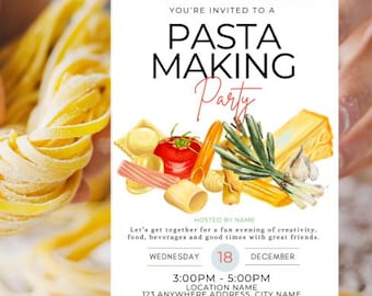 Può includere: Un invito stampabile per una festa di pasta. L'invito presenta un'illustrazione ad acquerello di varie forme di pasta, pomodori, aglio ed erbe. Il testo sull'invito recita "Sei invitato a una festa di pasta" e include la data, l'ora e il luogo dell'evento.